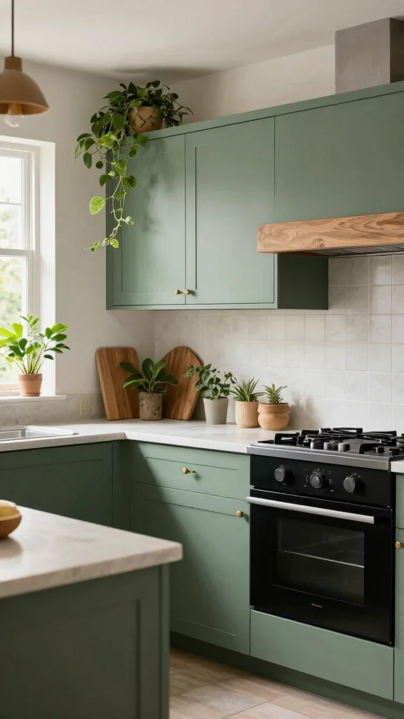 19 Green Kitchens with Black Appliances That Look Amazing - 11. Pine Green with Chic Black Appliances 1