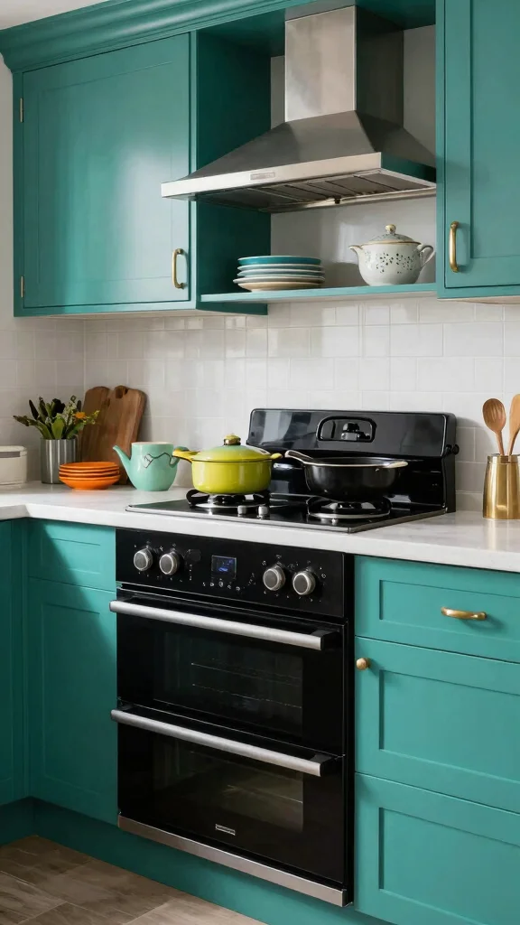 19 Green Kitchens with Black Appliances That Look Amazing - 12. Teal Green with Glossy Black 1