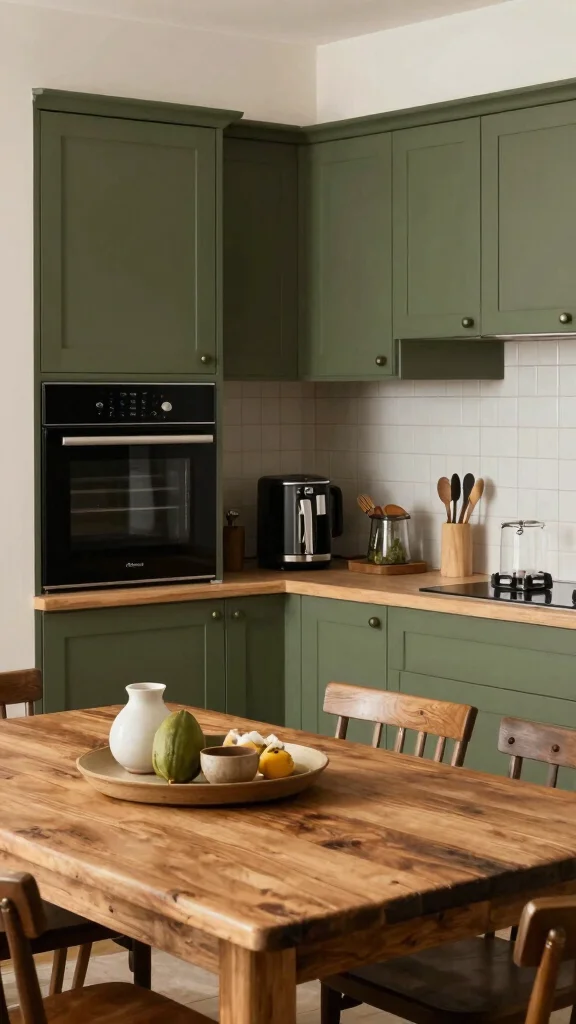 19 Green Kitchens with Black Appliances That Look Amazing - 14. Olive Green with Vintage Black Appliances 1