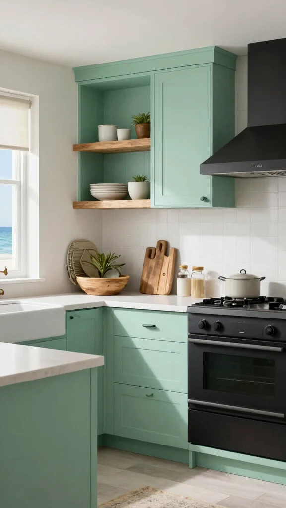 19 Green Kitchens with Black Appliances That Look Amazing - 16. Seafoam Green with Matte Black Accents 1