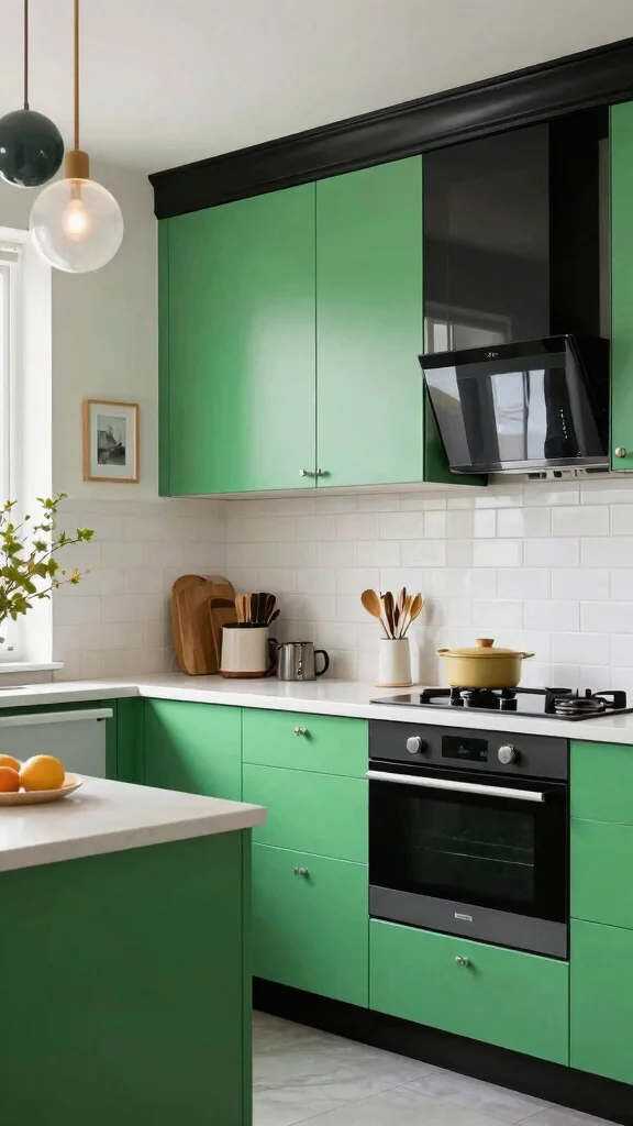 19 Green Kitchens with Black Appliances That Look Amazing - 17. Chartreuse with Glossy Black Accents 1