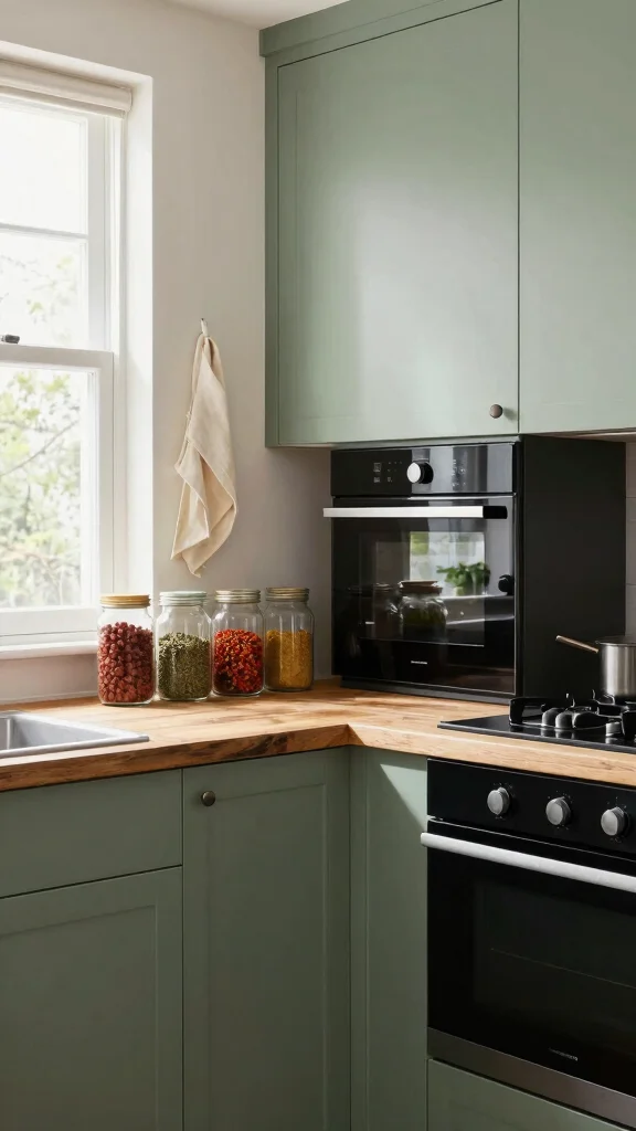 19 Green Kitchens with Black Appliances That Look Amazing - 2. Soft Sage Green and Glossy Black 1