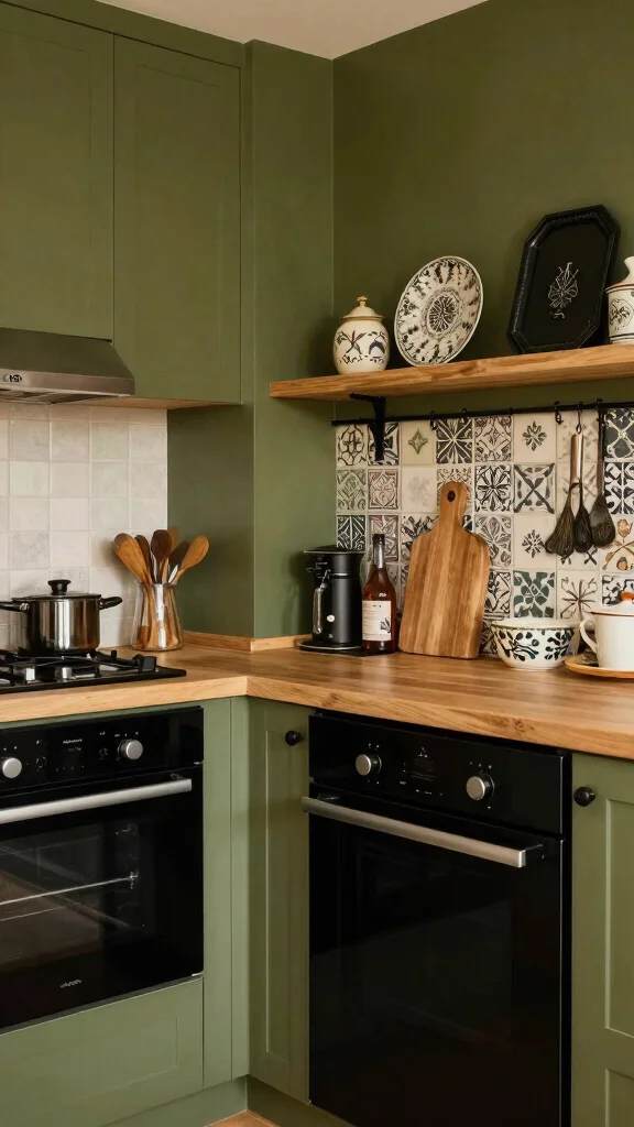 19 Green Kitchens with Black Appliances That Look Amazing - 4. Olive Green with Retro Black Appliances 1