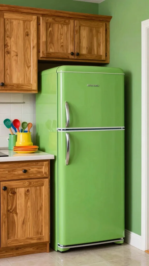 19 Green and Natural Wood Kitchen Ideas for Warm Tones - 13. Colorful Appliances 1