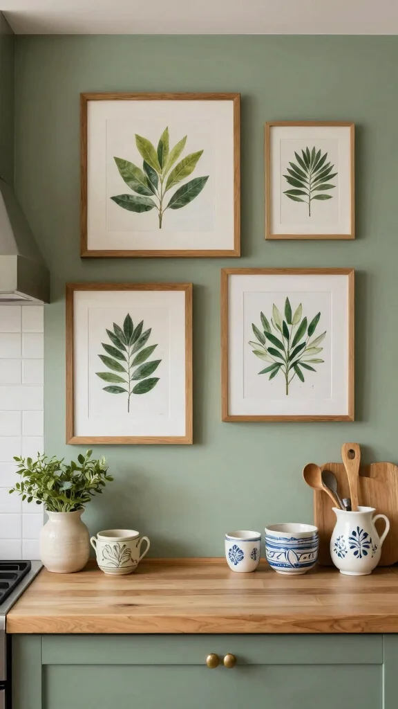 19 Green and Natural Wood Kitchen Ideas for Warm Tones - 16. Artistic Wall Decor 1