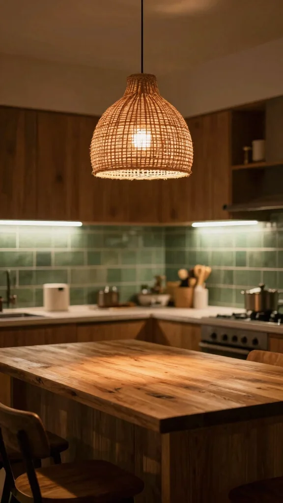 19 Green and Natural Wood Kitchen Ideas for Warm Tones - 6. Warm Accent Lighting 1