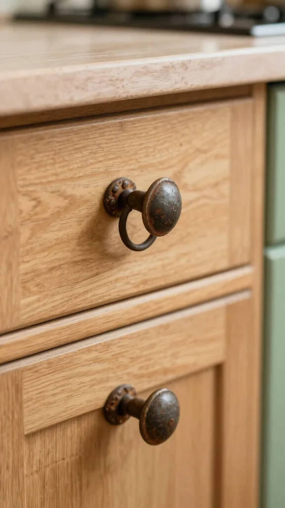 19 Green and Natural Wood Kitchen Ideas for Warm Tones - 8. Vintage-Inspired Hardware 1