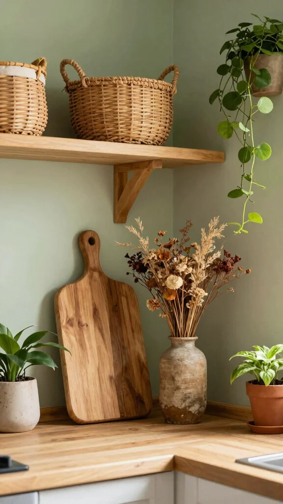 19 Green and Natural Wood Kitchen Ideas for Warm Tones - 9. Nature-Inspired Decor 1