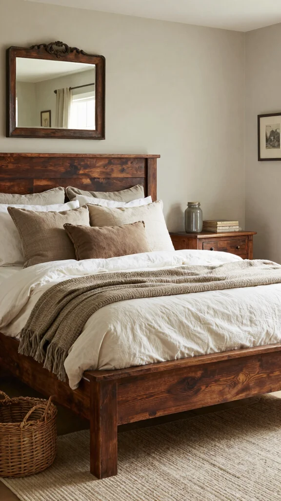 19 Master Bedroom Inspirations with Dark Wood Furniture Design - 11. Farmhouse Fresh: Cozy Dark Wood Designs 1