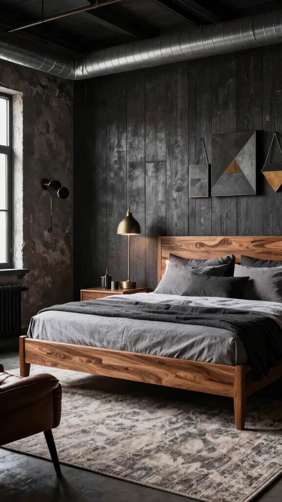 19 Master Bedroom Inspirations with Dark Wood Furniture Design - 12. Industrial Chic: Edgy Dark Wood Ambiance 1