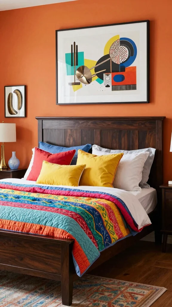 19 Master Bedroom Inspirations with Dark Wood Furniture Design - 13. Vibrant Accents: Dark Wood Meets Bold Colors 1