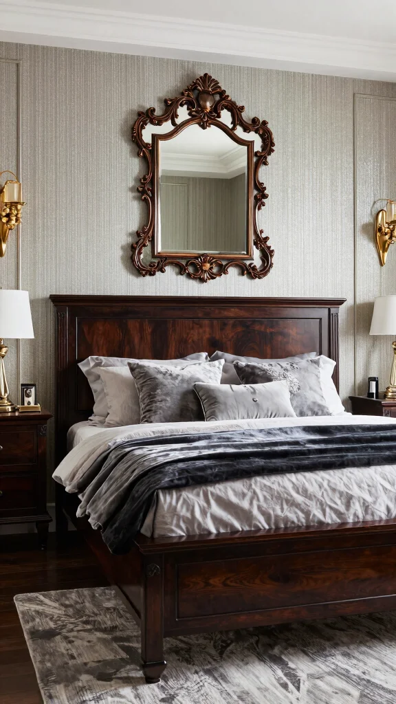 19 Master Bedroom Inspirations with Dark Wood Furniture Design - 15. Glamorous Touch: Dark Wood with Luxe Accents 1