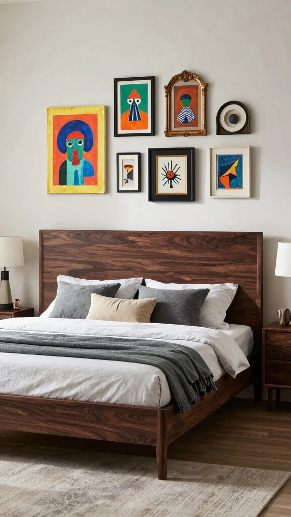 19 Master Bedroom Inspirations with Dark Wood Furniture Design - 17. Artistic Flair: Dark Wood with Creative Decor 1