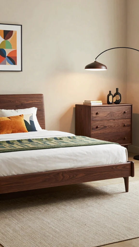 19 Master Bedroom Inspirations with Dark Wood Furniture Design - 5. Mid-Century Modern: Retro Vibes with Dark Wood 1