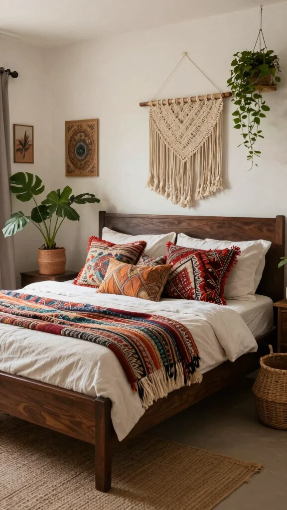 19 Master Bedroom Inspirations with Dark Wood Furniture Design - 6. Bohemian Retreat: Layered Textures and Dark Wood 1