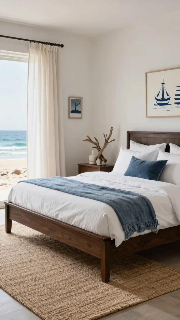19 Master Bedroom Inspirations with Dark Wood Furniture Design - 7. Coastal Calm: Dark Wood Meets Beachy Vibes 1