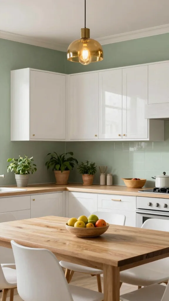 19 Sage Green Kitchens with White Cabinets That Always Look Good - 1. Soft Sage Green with Glossy White Cabinets 1