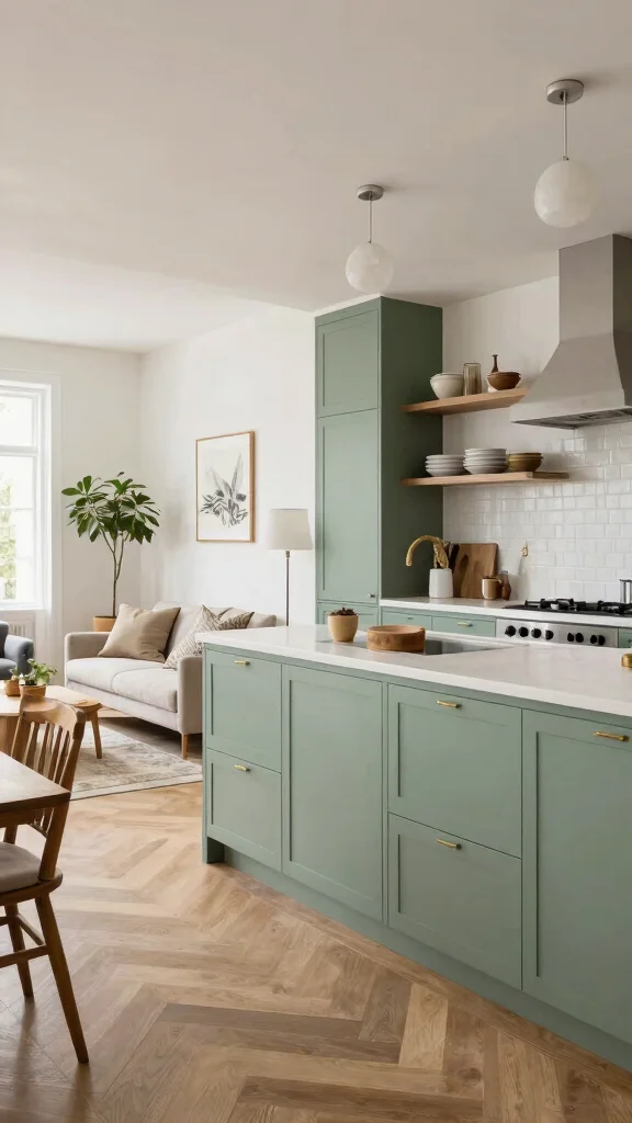 19 Sage Green Kitchens with White Cabinets That Always Look Good - 12. Open Concept Kitchen-Living Room 1