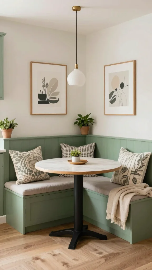 19 Sage Green Kitchens with White Cabinets That Always Look Good - 13. Cozy Nook with Sage Green Accents 1
