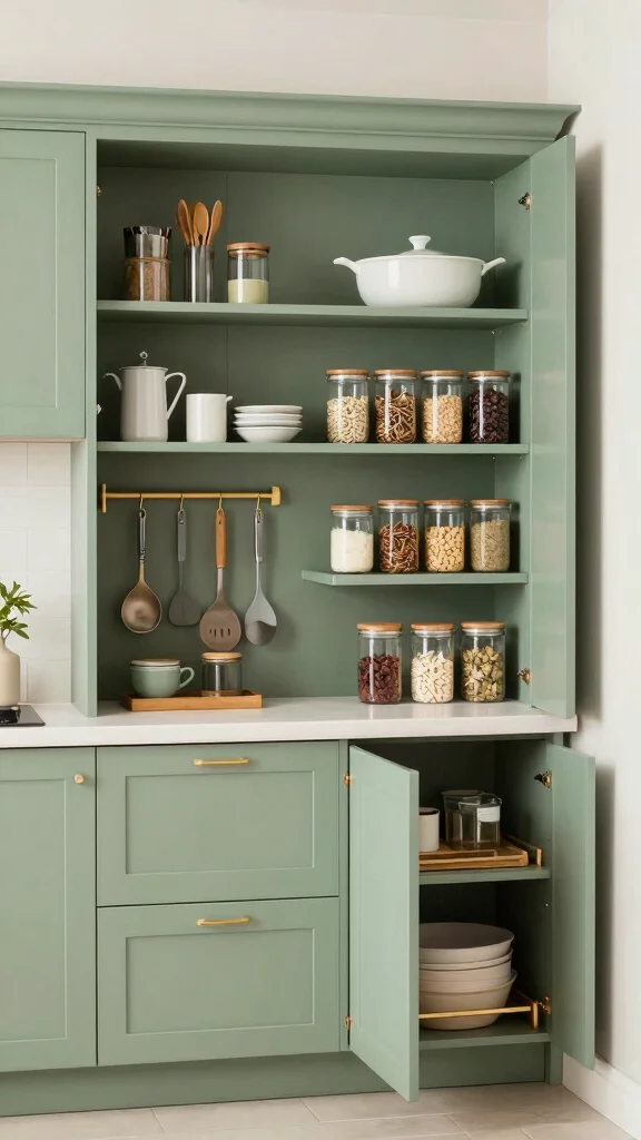 19 Sage Green Kitchens with White Cabinets That Always Look Good - 14. Smart Storage Solutions 1