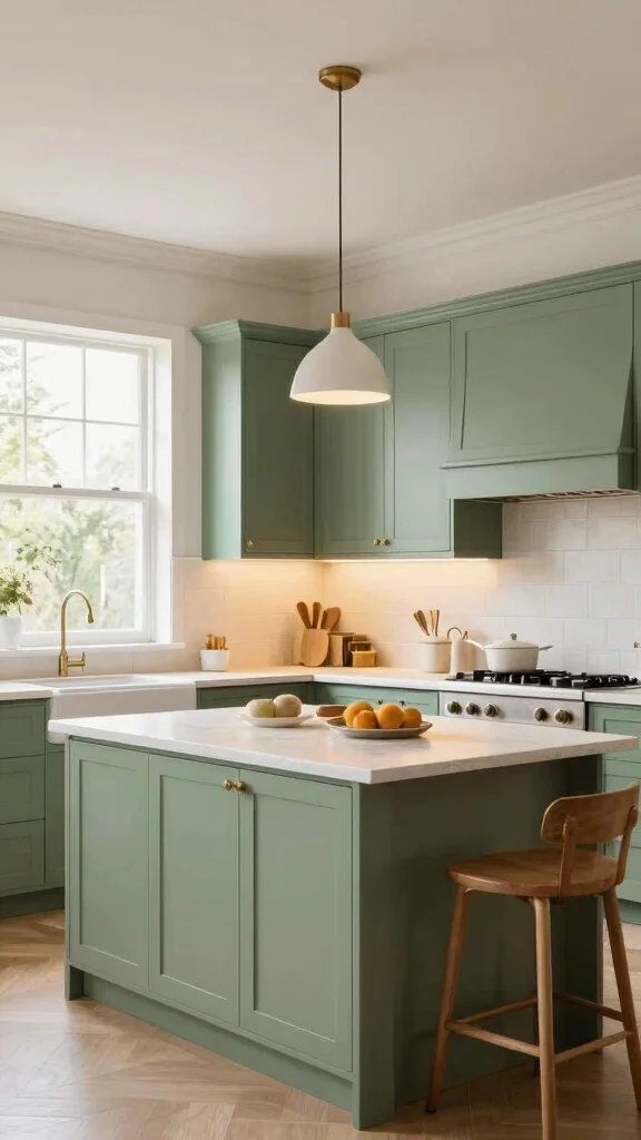 19 Sage Green Kitchens with White Cabinets That Always Look Good - 16. Focus on Lighting 1