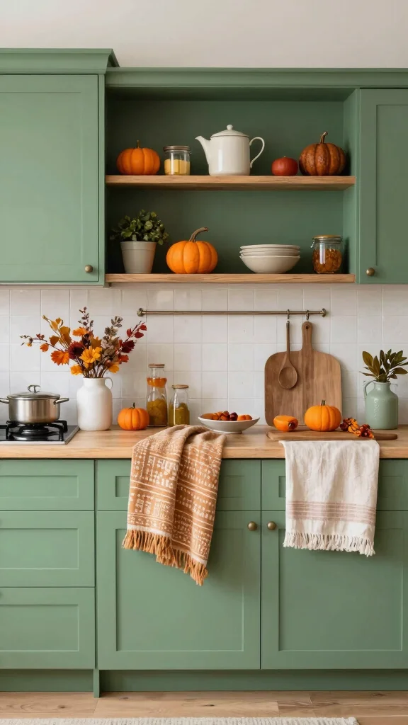 19 Sage Green Kitchens with White Cabinets That Always Look Good - 18. Seasonal Decor Changes 1