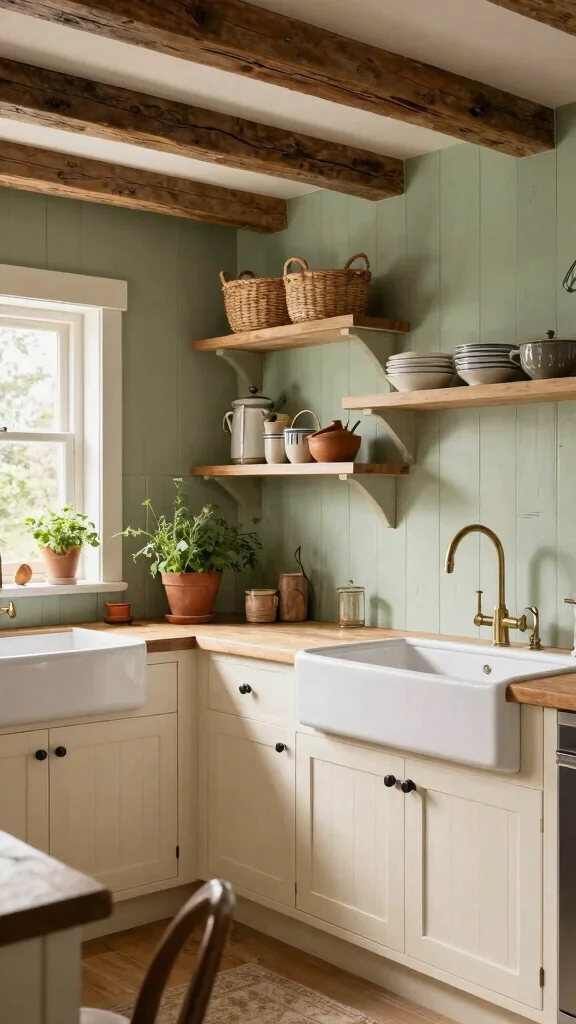 19 Sage Green Kitchens with White Cabinets That Always Look Good - 2. Rustic Retreat with Sage Green and White 1