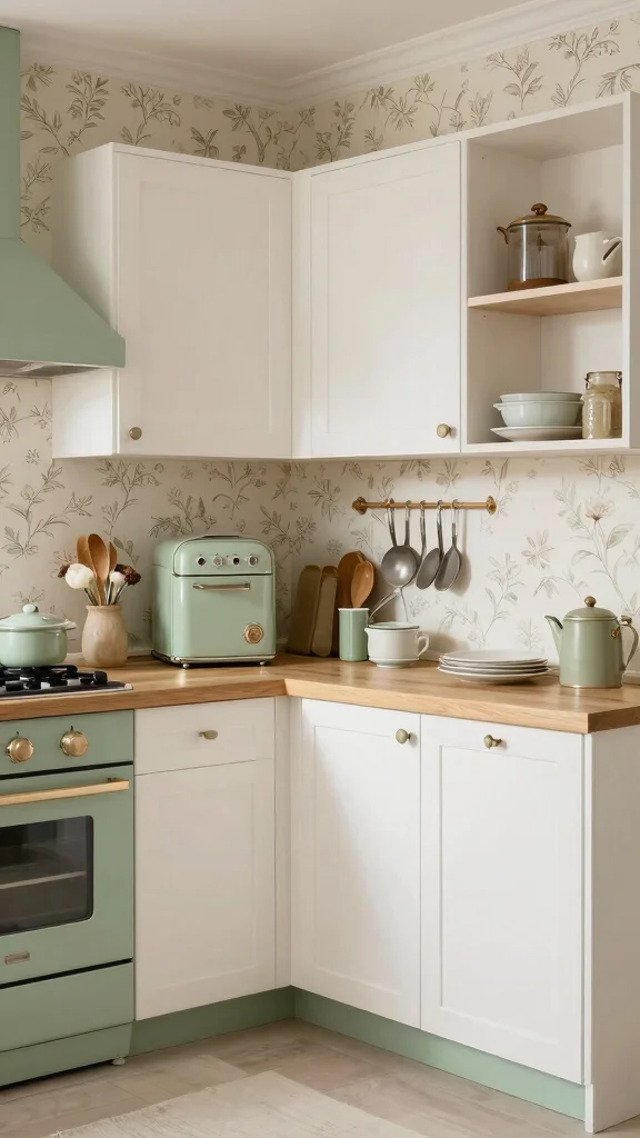 19 Sage Green Kitchens with White Cabinets That Always Look Good - 6. Vintage Charm with Sage Green Accents 1