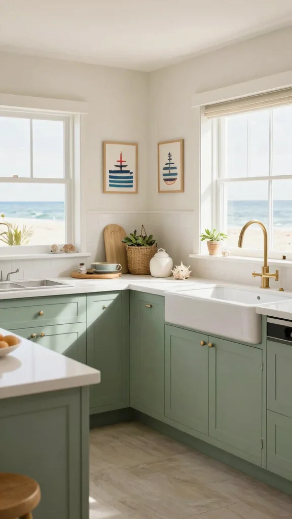 19 Sage Green Kitchens with White Cabinets That Always Look Good - 7. Coastal Vibes with Sage Green 1