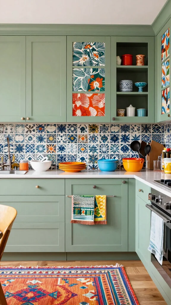 19 Sage Green Kitchens with White Cabinets That Always Look Good - 9. Eclectic Mix of Patterns 1