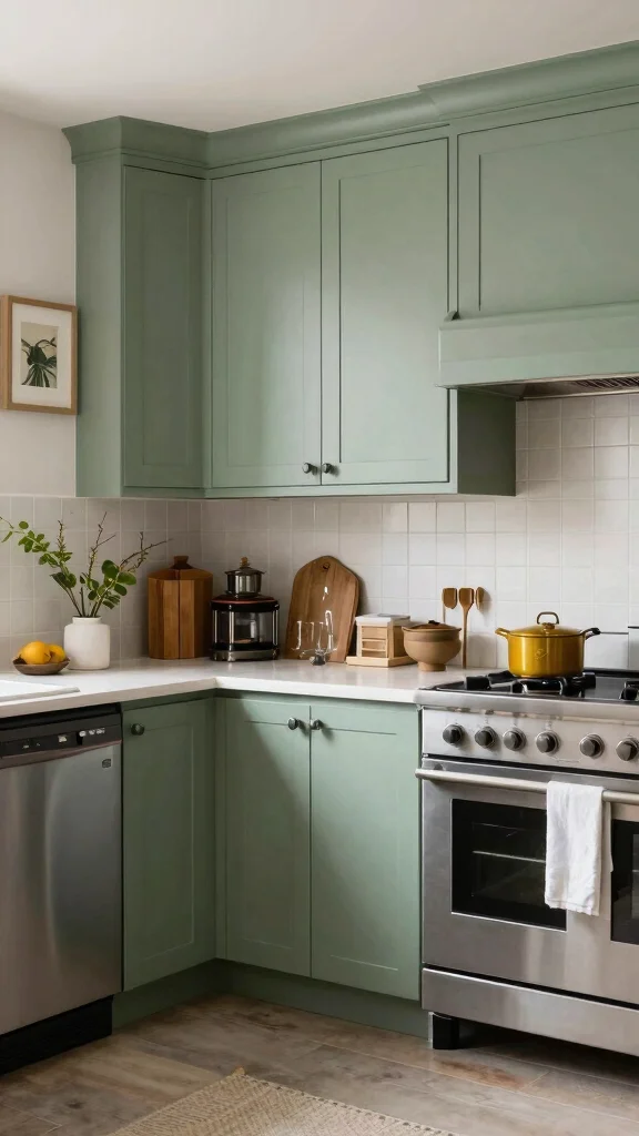 19 Sage Green and Wood Kitchen Cabinets for a Trendy Upgrade - 16. Mixing Styles: Eclectic Sage Green Kitchen 1