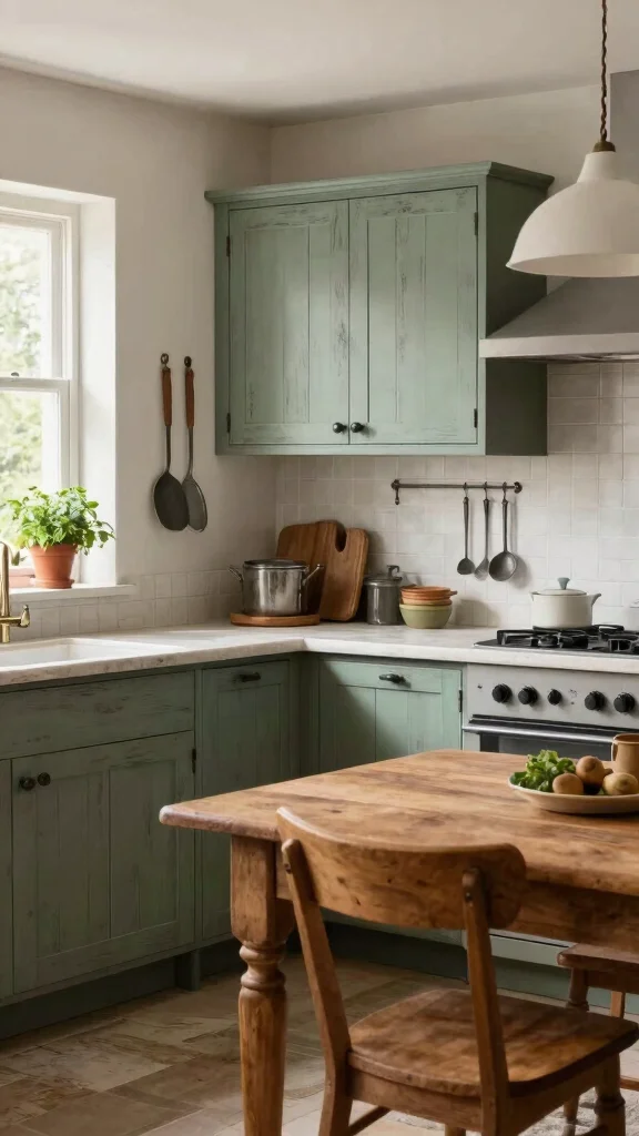 19 Sage Green and Wood Kitchen Cabinets for a Trendy Upgrade - 2. Rustic Charm with Weathered Woods 1