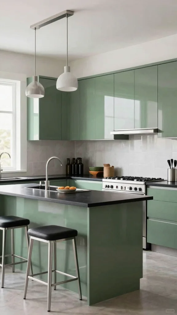 19 Sage Green and Wood Kitchen Cabinets for a Trendy Upgrade - 5. Contemporary Chic with High-Gloss Finishes 1