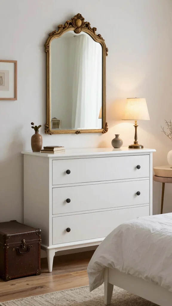 20 Bedroom Ideas with White Furniture Colour Schemes - 18. Incorporating Vintage Finds 1
