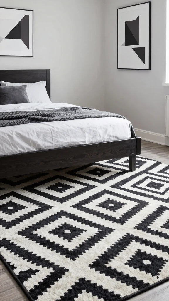 20 Black, White, and Grey Bedroom Ideas with Dark Wood Furniture - 1. Sleek Geometric Patterns 1