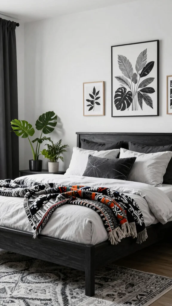 20 Black, White, and Grey Bedroom Ideas with Dark Wood Furniture - 10. Modern Bohemian Vibes 1