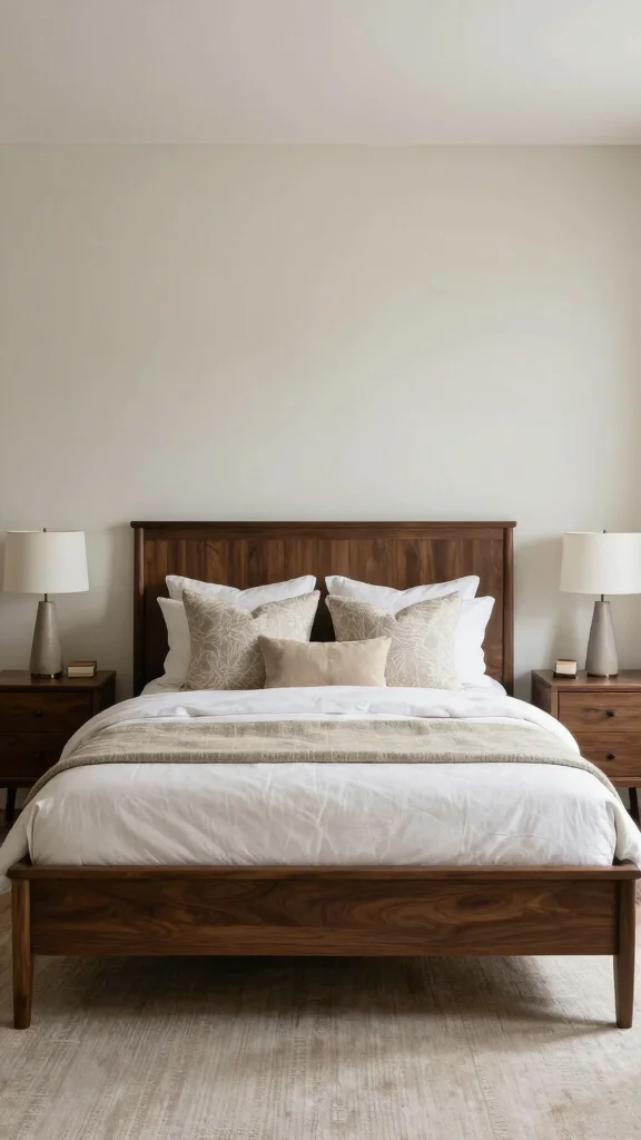 20 Black, White, and Grey Bedroom Ideas with Dark Wood Furniture - 14. Balanced Symmetry 1