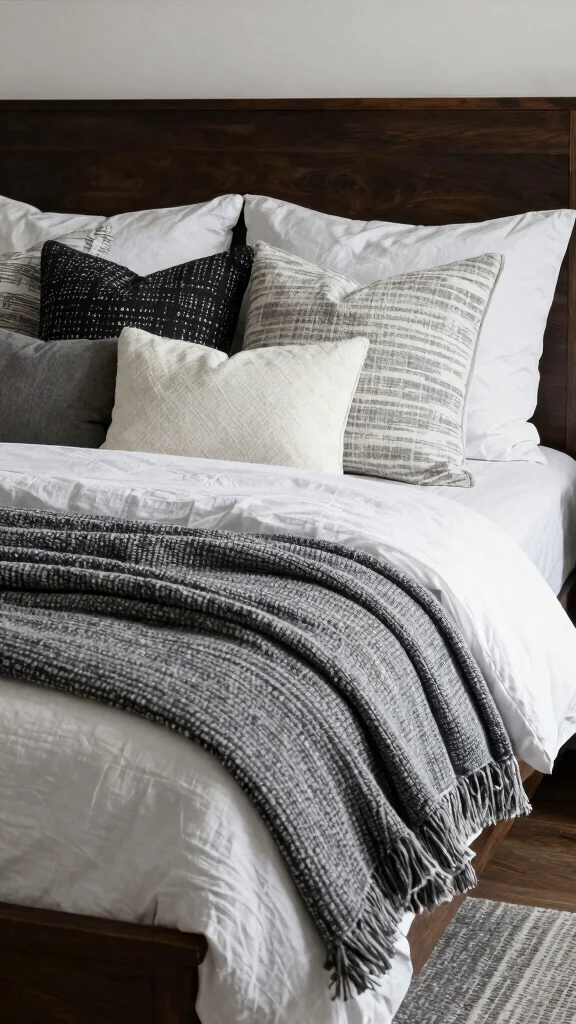20 Black, White, and Grey Bedroom Ideas with Dark Wood Furniture - 15. Comforting Cushions and Throws 1