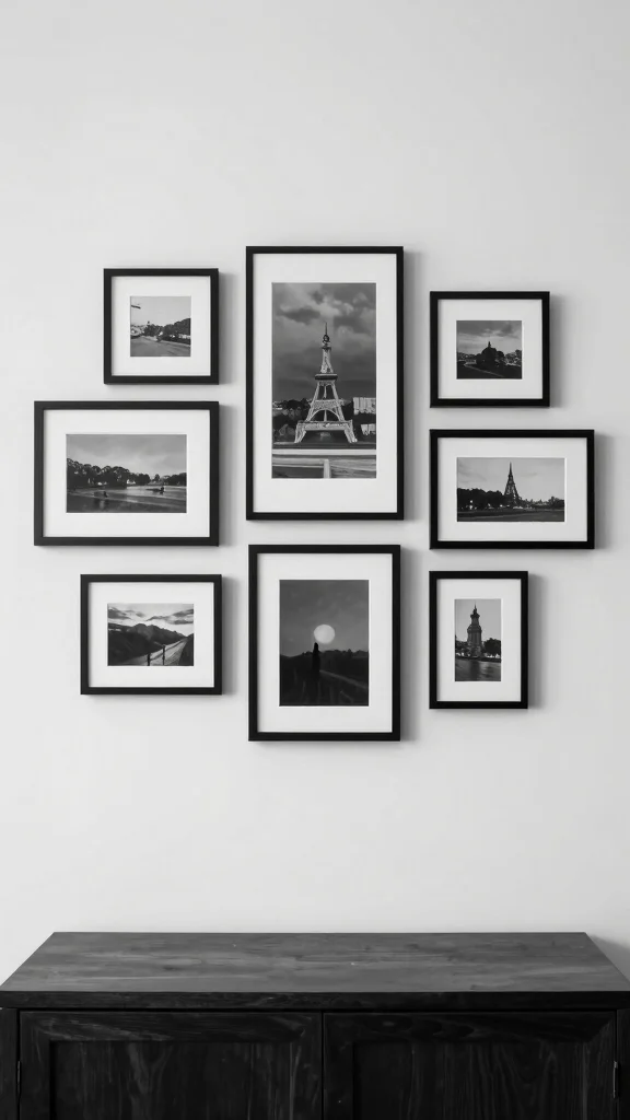 20 Black, White, and Grey Bedroom Ideas with Dark Wood Furniture - 17. Monochrome Gallery Wall 1