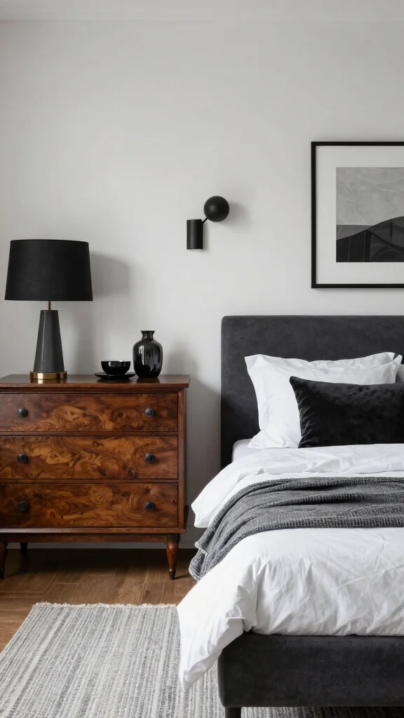 20 Black, White, and Grey Bedroom Ideas with Dark Wood Furniture - 18. Vintage Meets Modern 1