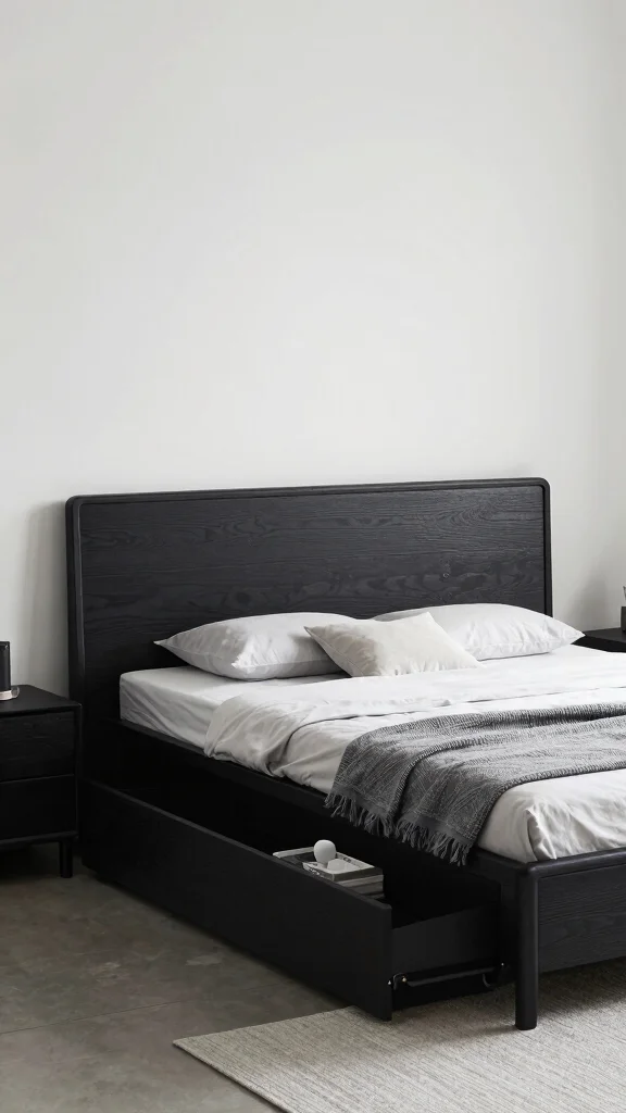 20 Black, White, and Grey Bedroom Ideas with Dark Wood Furniture - 19. Functionality Meets Style 1