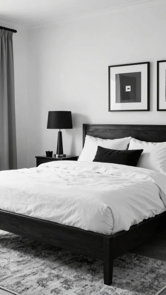 20 Black, White, and Grey Bedroom Ideas with Dark Wood Furniture - 2. Monochrome Elegance 1