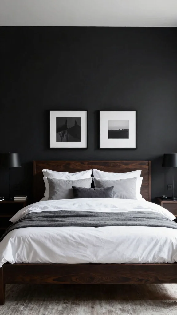 20 Black, White, and Grey Bedroom Ideas with Dark Wood Furniture - 5. Bold Black Accents 1