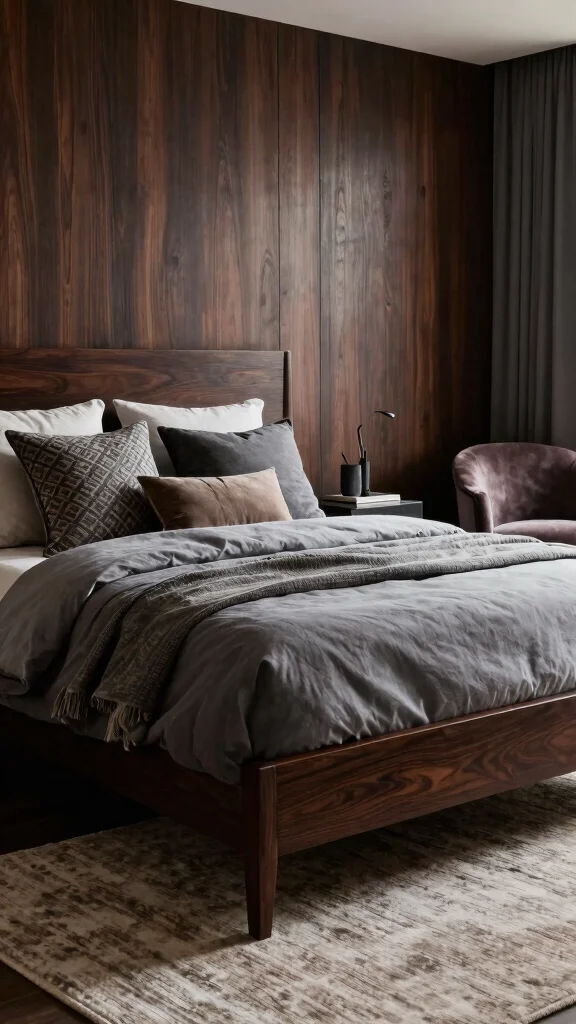 20 Black, White, and Grey Bedroom Ideas with Dark Wood Furniture - 9. Luxurious Textures 1