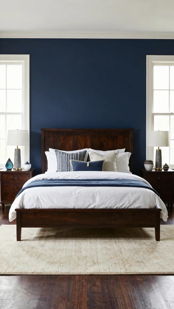 20 Blue Bedroom Ideas with Dark Wood Furniture - 1. Navy Blue Serenity 1