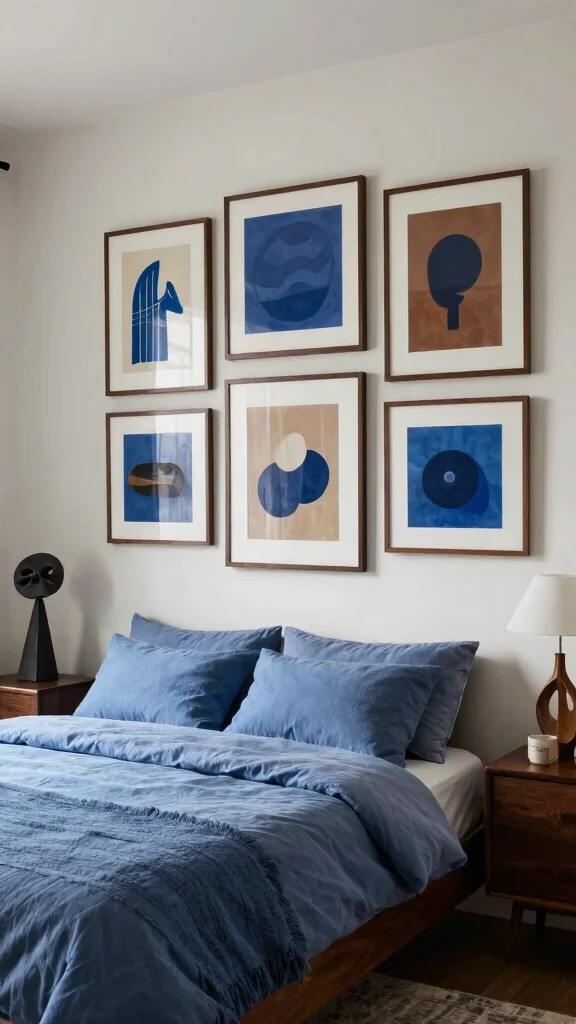 20 Blue Bedroom Ideas with Dark Wood Furniture - 10. Artistic Touches 1