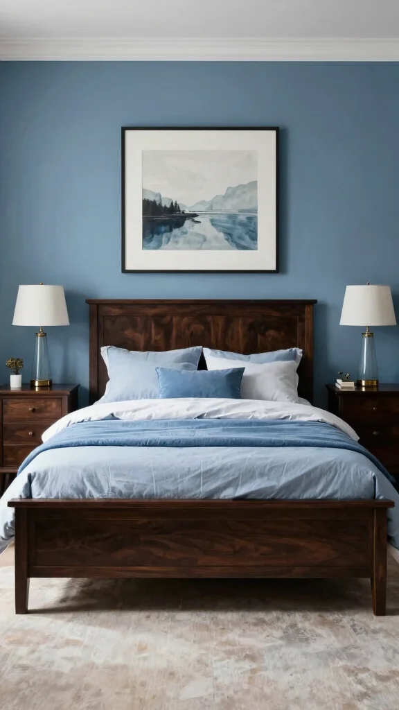 20 Blue Bedroom Ideas with Dark Wood Furniture - 11. Balanced Symmetry 1