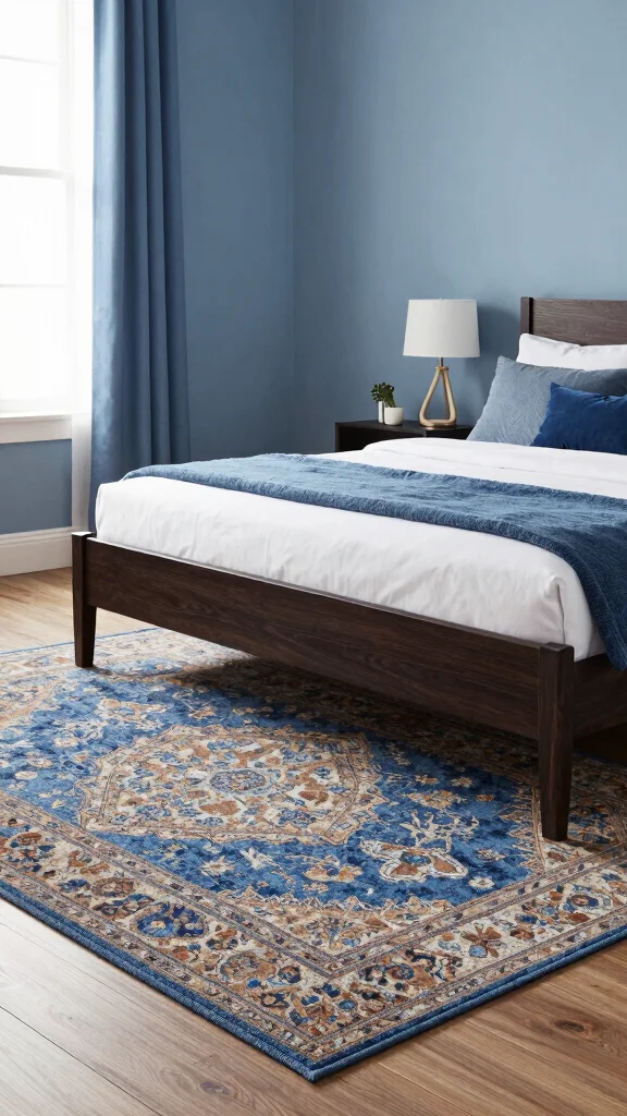 20 Blue Bedroom Ideas with Dark Wood Furniture - 12. Statement Rugs 1
