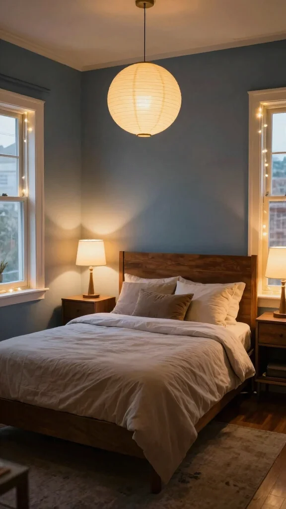 20 Blue Bedroom Ideas with Dark Wood Furniture - 13. Layered Lighting 1