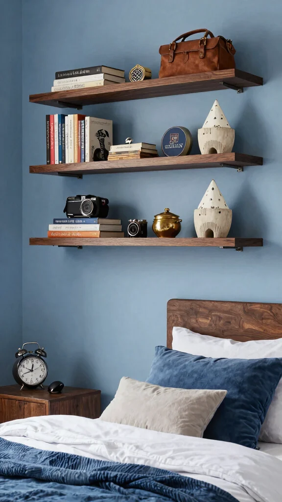 20 Blue Bedroom Ideas with Dark Wood Furniture - 15. Curated Collections 1